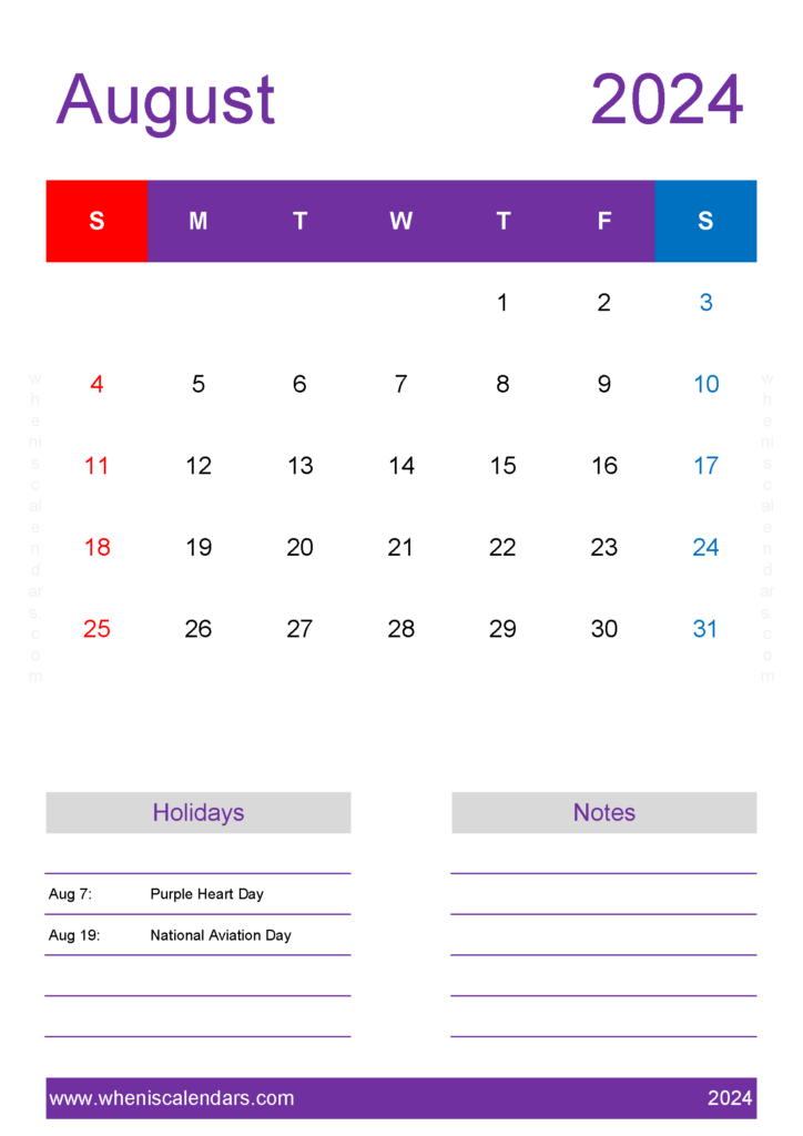 Download August 2024 month Calendar Printable A4 Vertical 84159