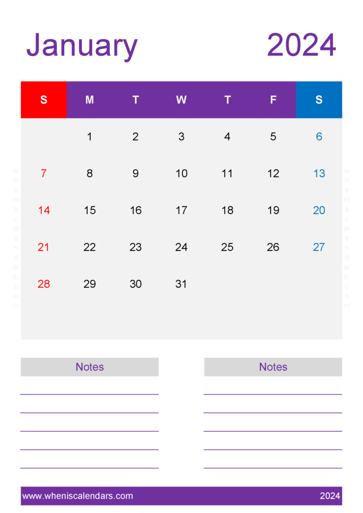 Download January monthly Calendar 2024 Printable A4 Vertical J4240