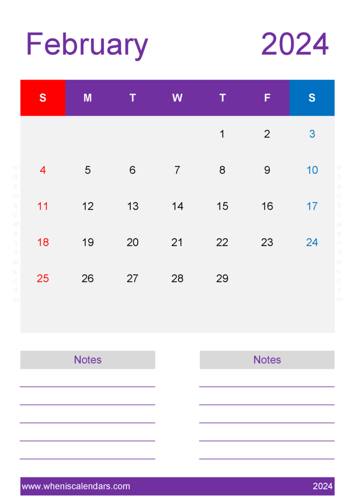 Download February monthly Calendar 2024 Printable A4 Vertical 24240