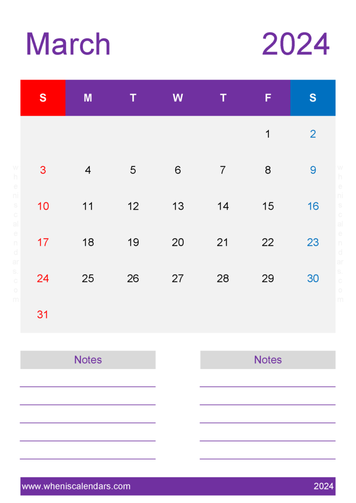 Download March monthly Calendar 2024 Printable A4 Vertical 34240