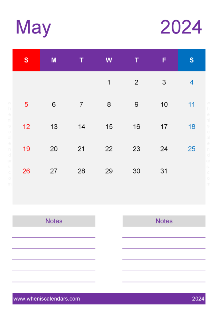 Download May monthly Calendar 2024 Printable A4 Vertical 54240