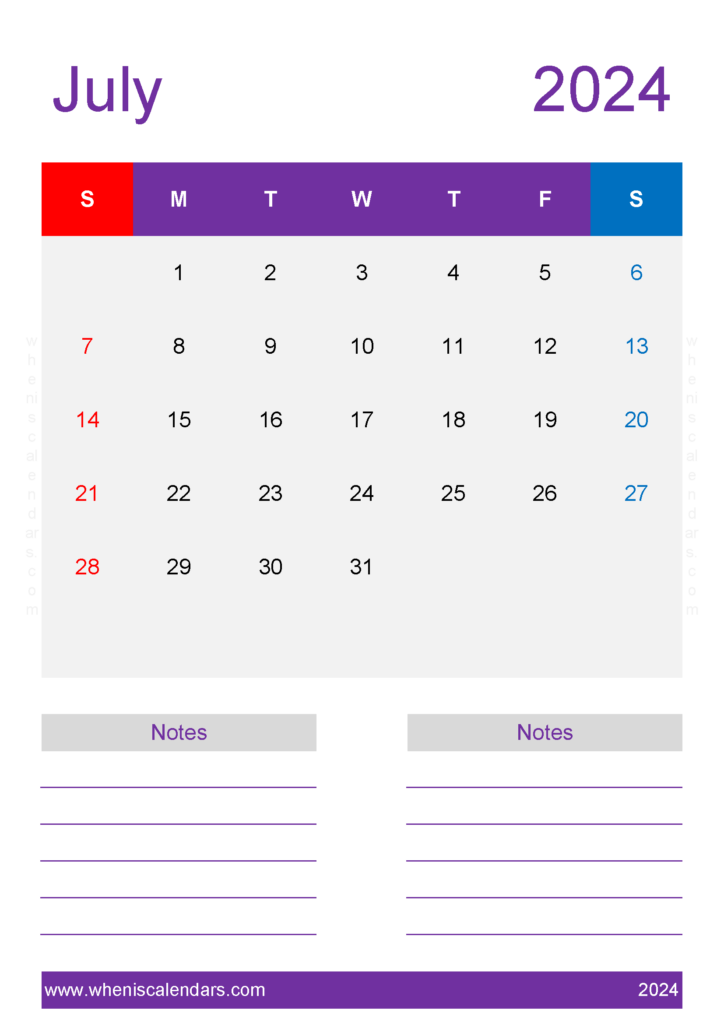 Download July monthly Calendar 2024 Printable A4 Vertical 74240
