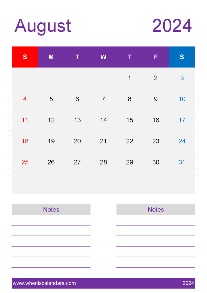 Download August monthly Calendar 2024 Printable A4 Vertical 84240