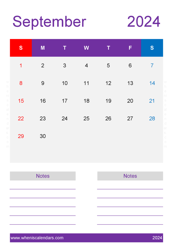Download September monthly Calendar 2024 Printable A4 Vertical 94240