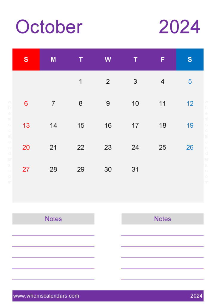Download October monthly Calendar 2024 Printable A4 Vertical 104240