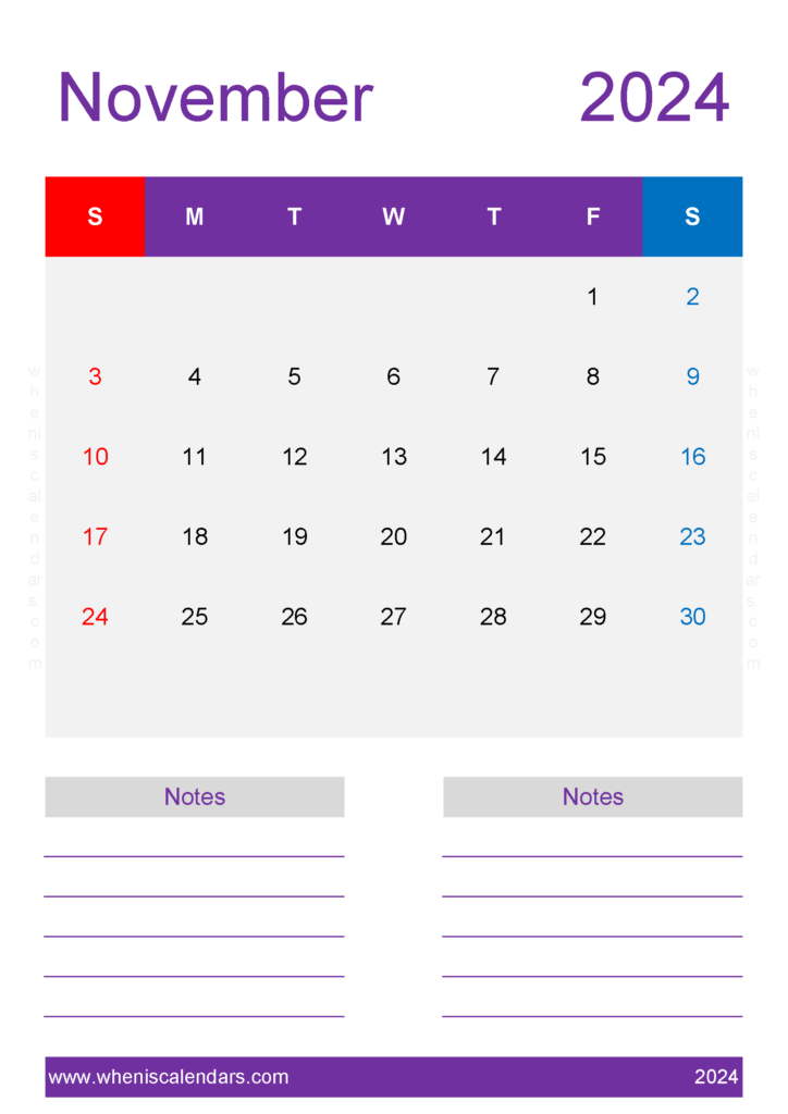 Download November monthly Calendar 2024 Printable A4 Vertical 114240