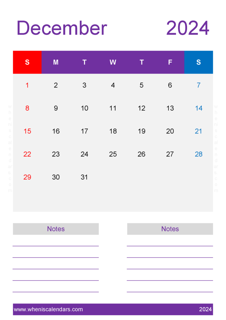Download December monthly Calendar 2024 Printable A4 Vertical 124240