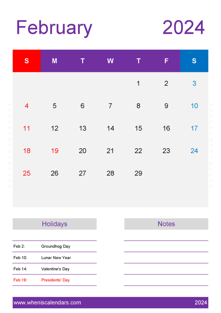 Download monthly Calendar Template February 2024 A4 Vertical 24160