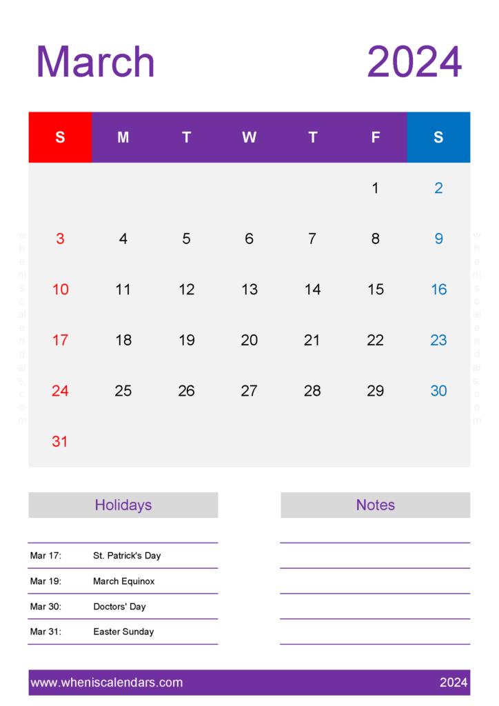 Download monthly Calendar Template March 2024 A4 Vertical 34160