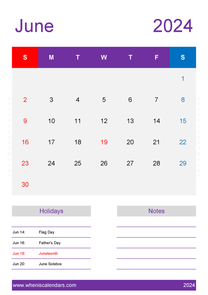 Download monthly Calendar Template June 2024 A4 Vertical 64160