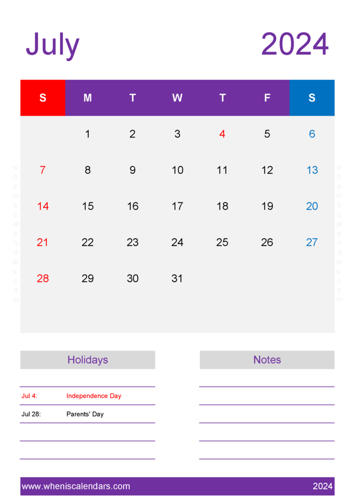 Download monthly Calendar Template July 2024 A4 Vertical 74160