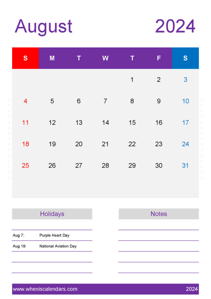 Download monthly Calendar Template August 2024 A4 Vertical 84160