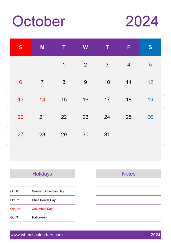 Download monthly Calendar Template October 2024 A4 Vertical 104160