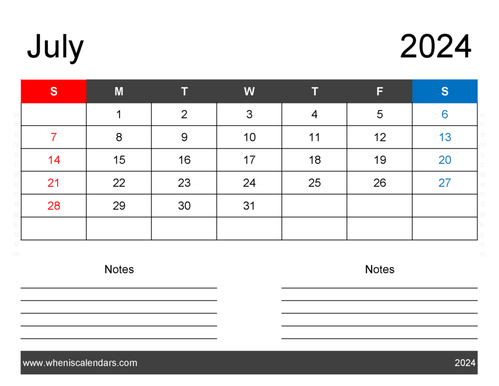 Download world Holidays in July 2024 Letter Horizontal 74241