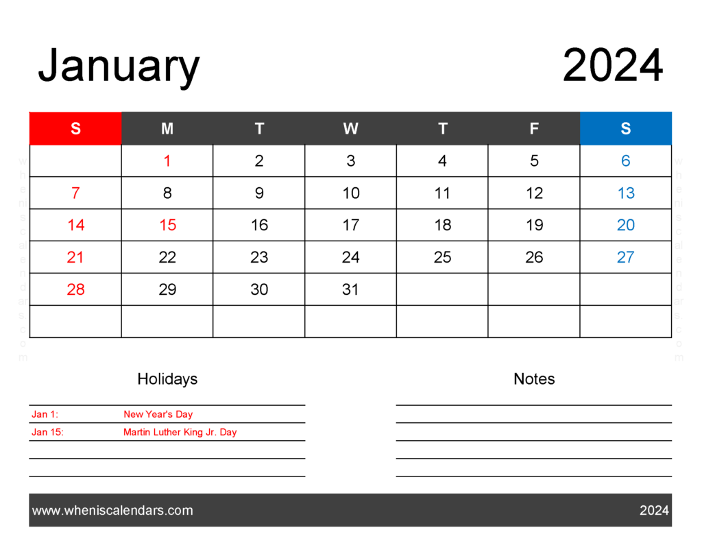 Download January 2024 Blank Calendar pdf Letter Horizontal J4161