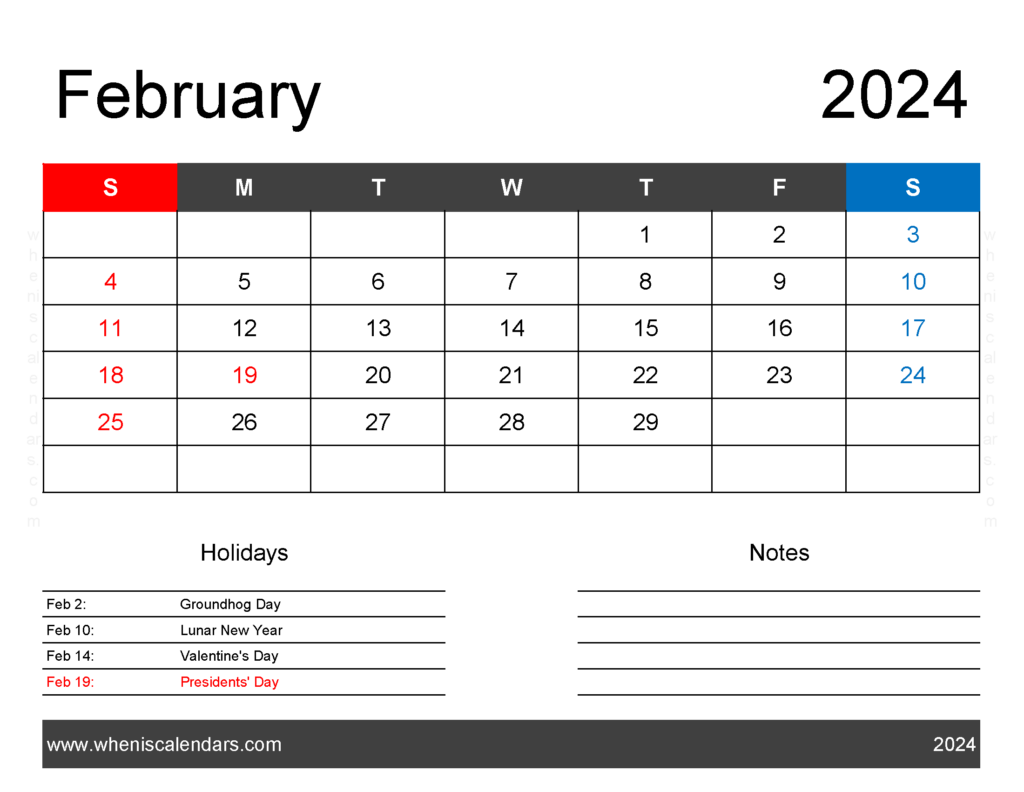 Download February 2024 Blank Calendar pdf Letter Horizontal 24161