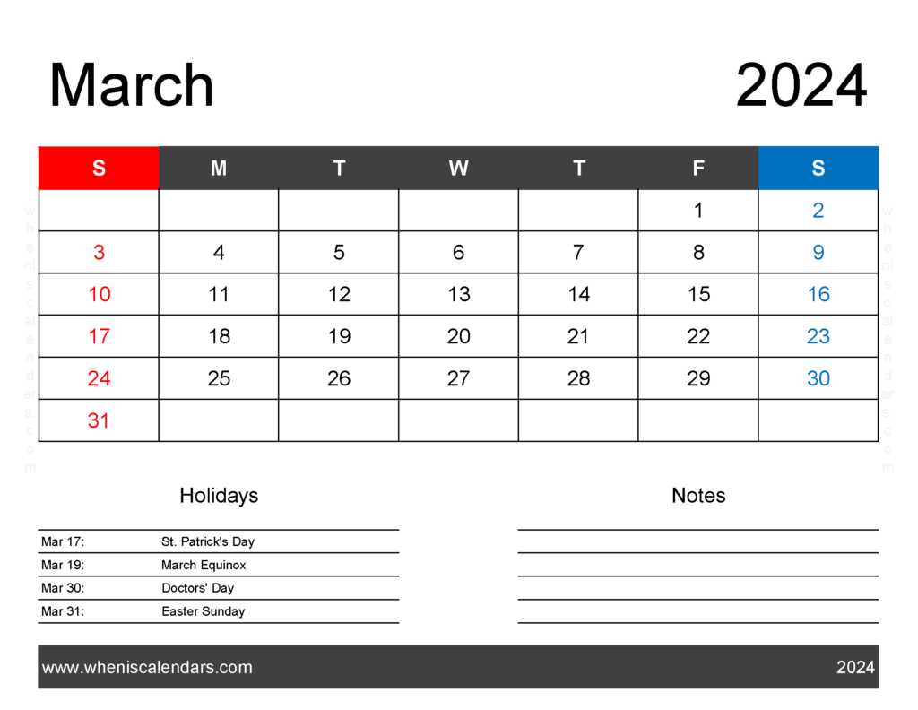 Download March 2024 Blank Calendar pdf Letter Horizontal 34161