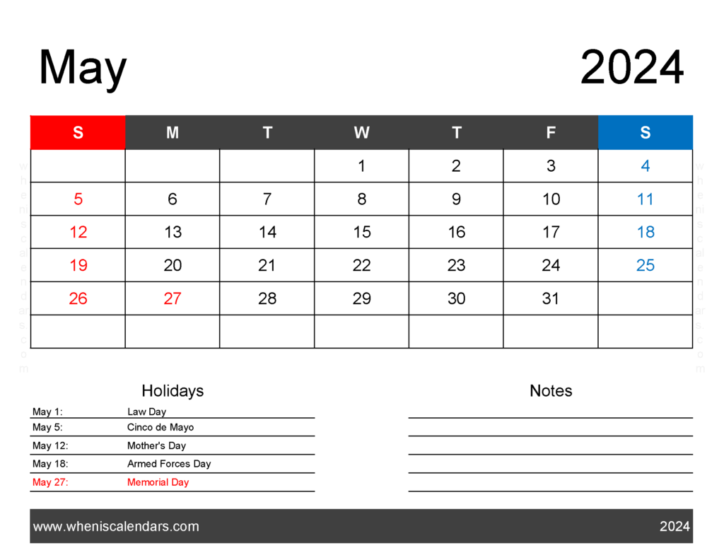 Download May 2024 Blank Calendar pdf Letter Horizontal 54161