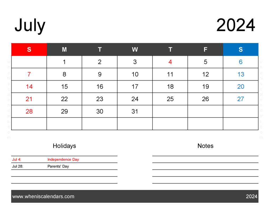 Download July 2024 Blank Calendar pdf Letter Horizontal 74161