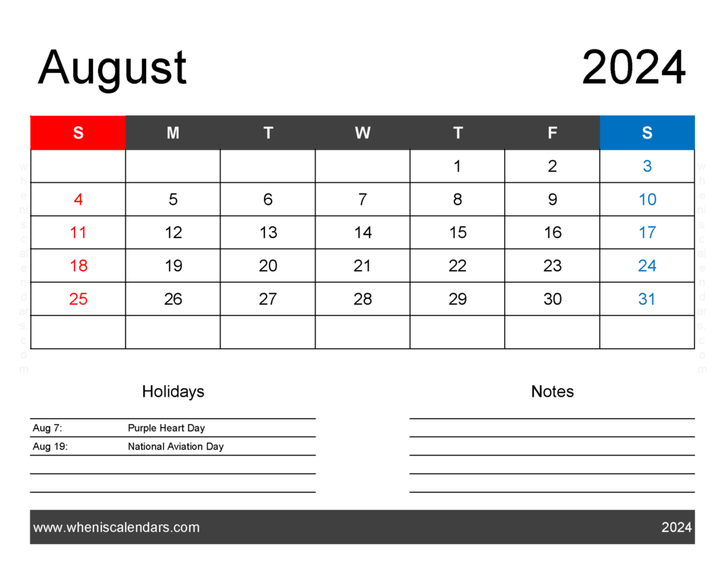 Download August 2024 Blank Calendar pdf Letter Horizontal 84161