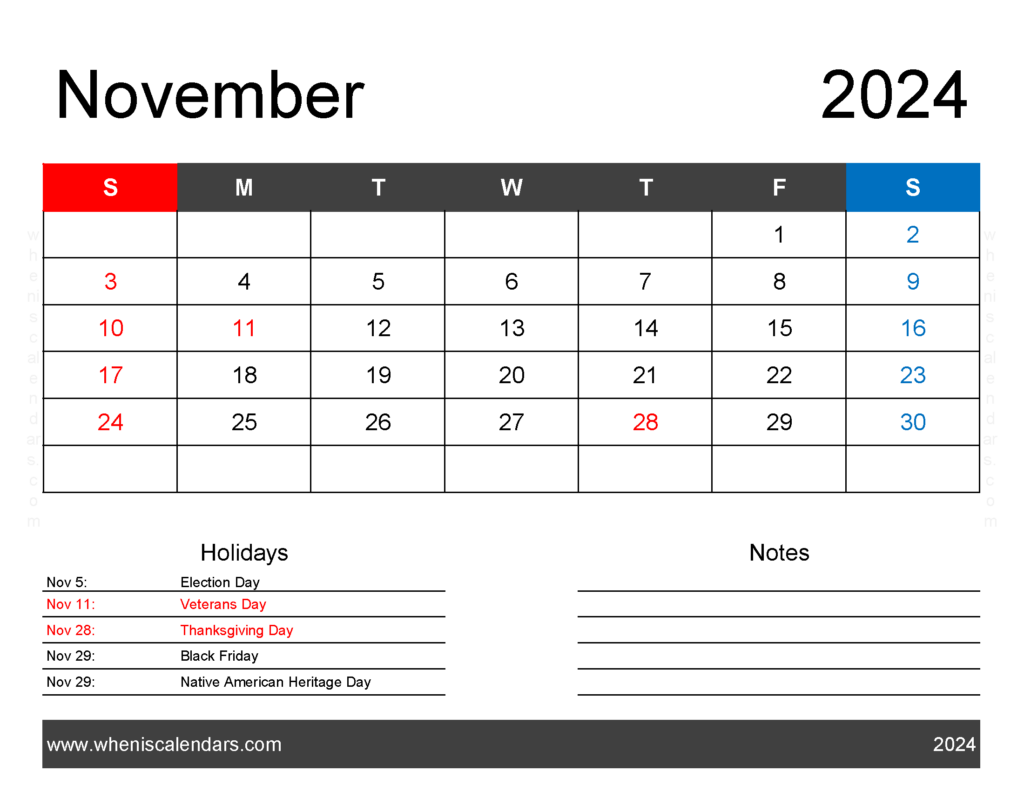 Download November 2024 Blank Calendar pdf Letter Horizontal 114161