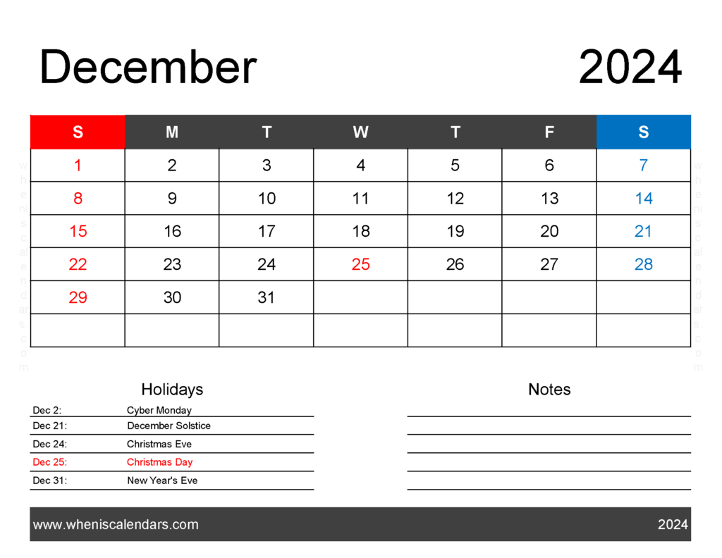 Download December 2024 Blank Calendar pdf Letter Horizontal 124161