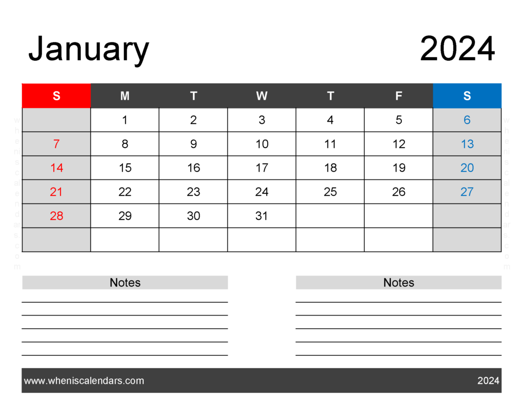 Download Printable January 2024 monthly Calendar Letter Horizontal J4242