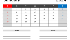 Download Printable January 2024 monthly Calendar Letter Horizontal J4242