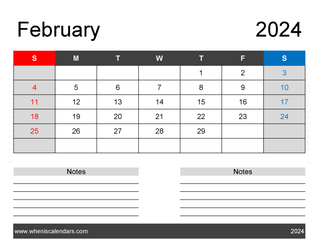 Download Printable February 2024 monthly Calendar Letter Horizontal 24242