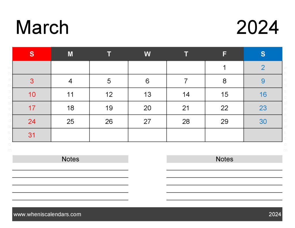 Download Printable March 2024 monthly Calendar Letter Horizontal 34242