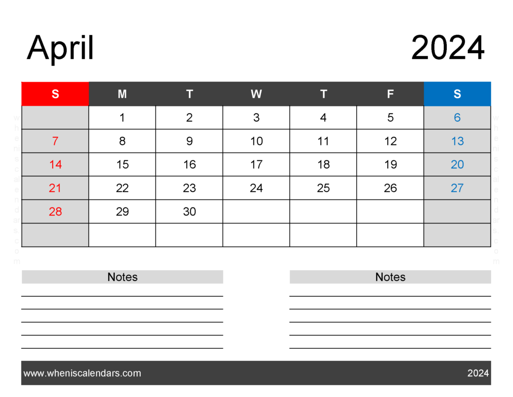 Download Printable April 2024 monthly Calendar Letter Horizontal 44242