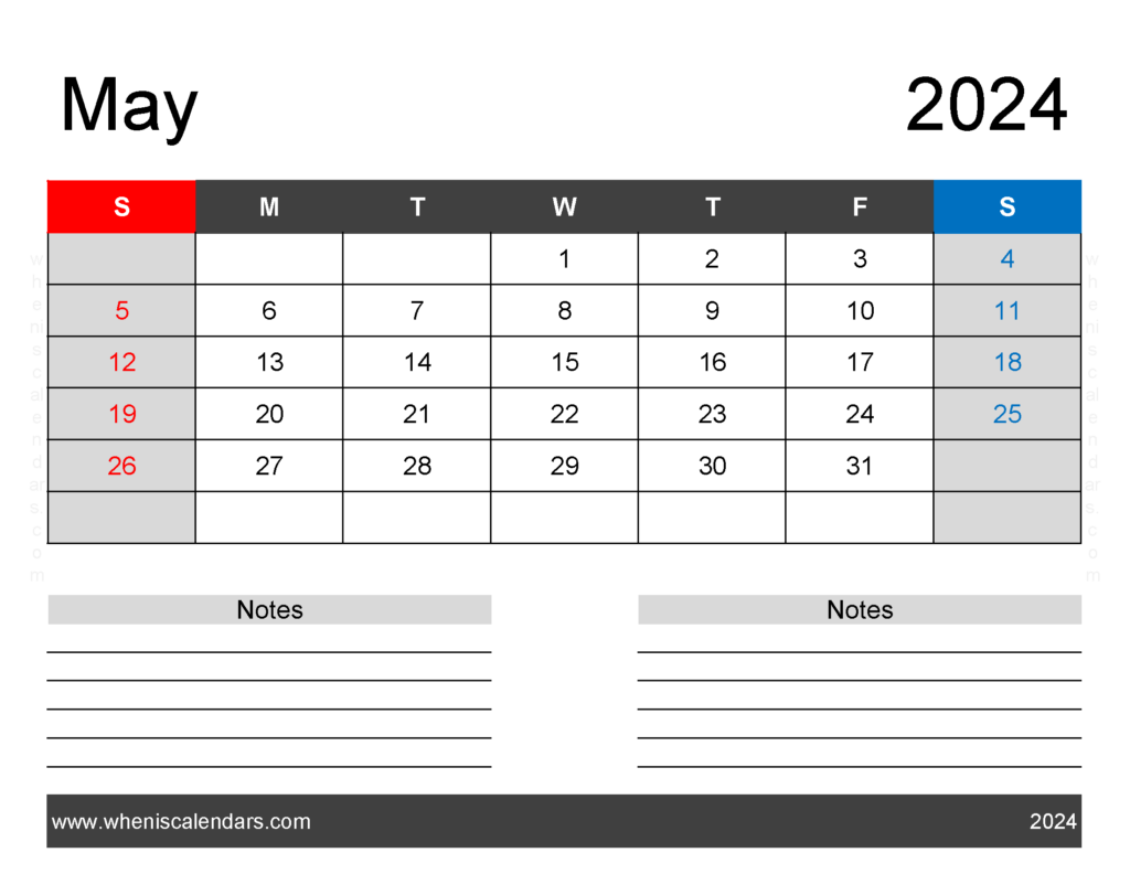 Download Printable May 2024 monthly Calendar Letter Horizontal 54242