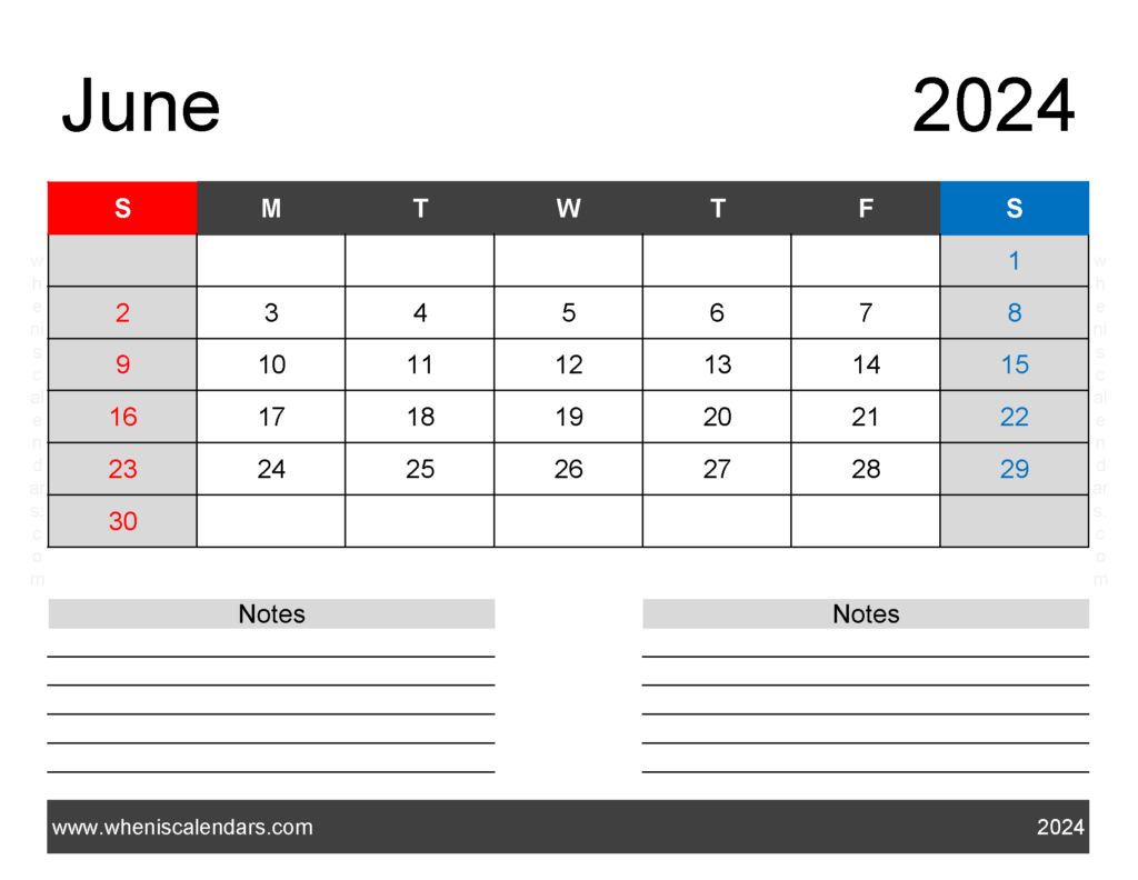 Download Printable June 2024 monthly Calendar Letter Horizontal 64242
