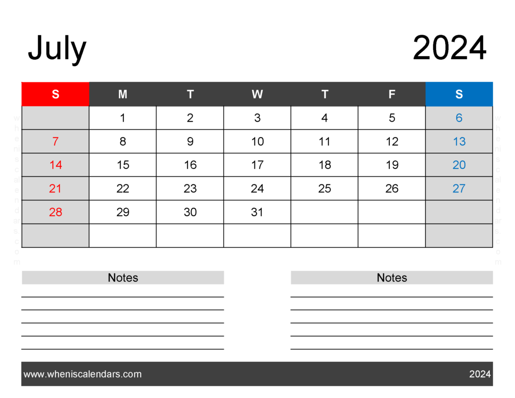 Download Printable July 2024 monthly Calendar Letter Horizontal 74242