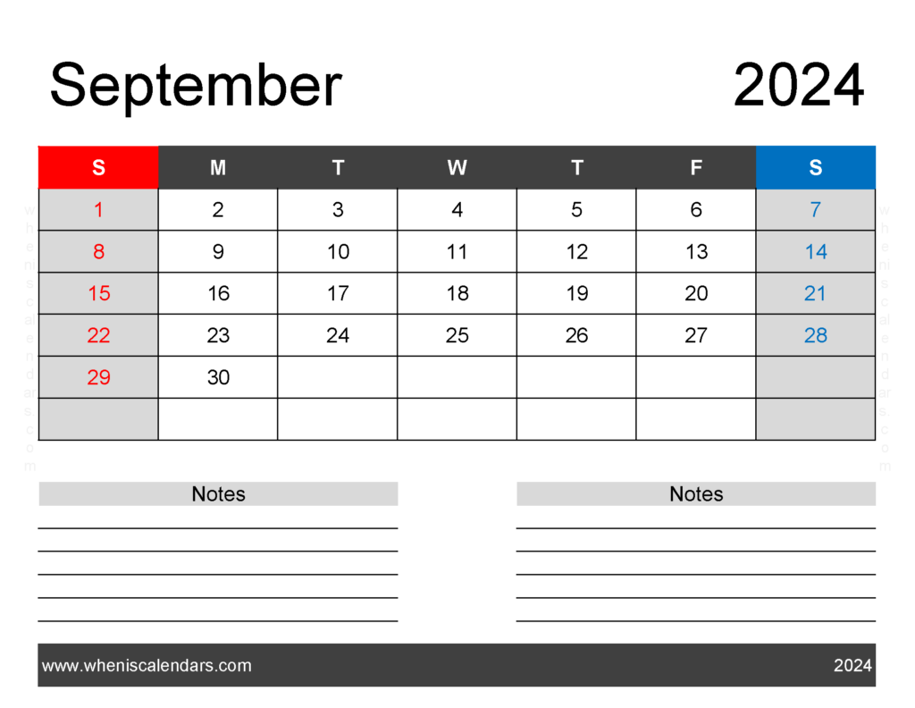 Download Printable September 2024 monthly Calendar Letter Horizontal 94242