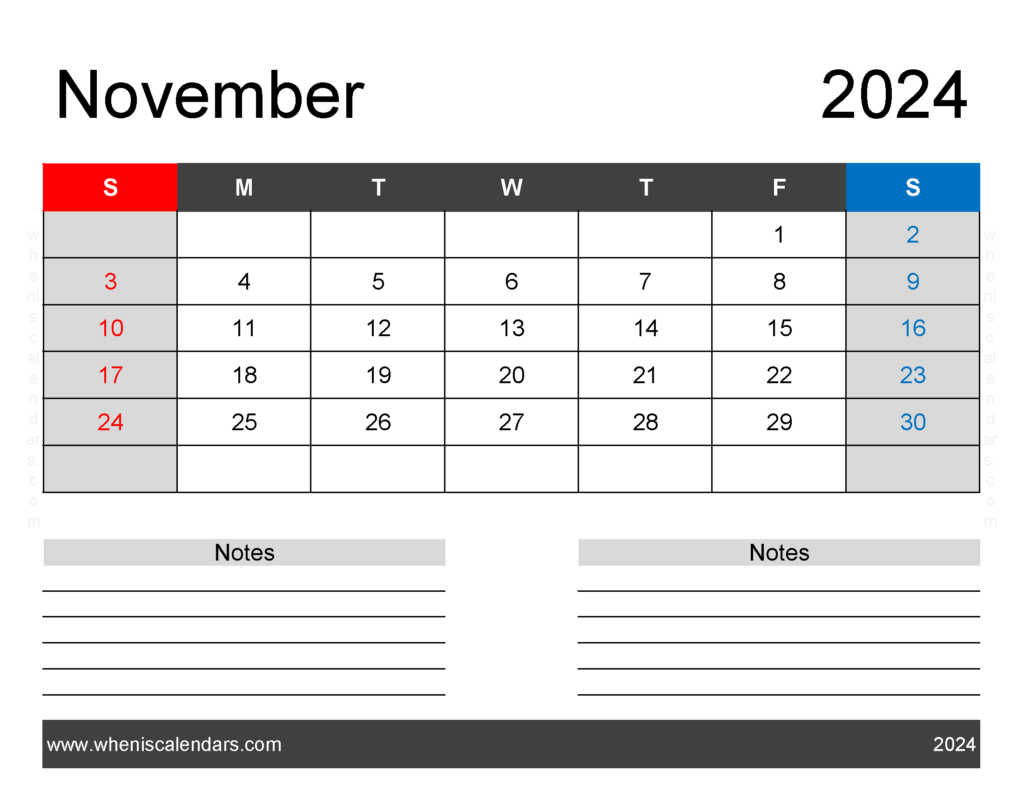 Download Printable November 2024 monthly Calendar Letter Horizontal 114242