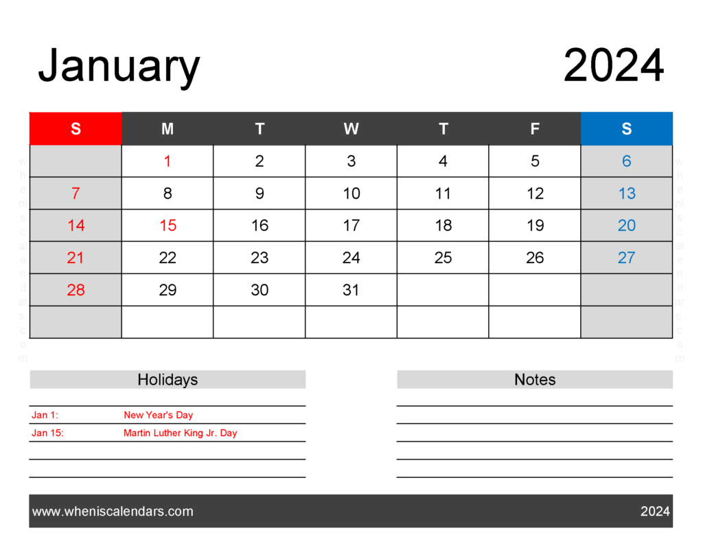 Download Blank Printable Calendar January 2024 Letter Horizontal J4162