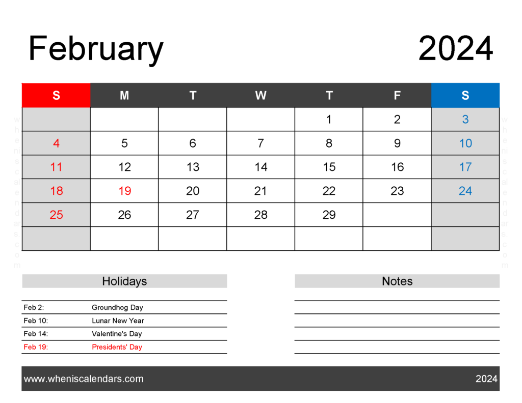 Download Blank Printable Calendar February 2024 Letter Horizontal 24162