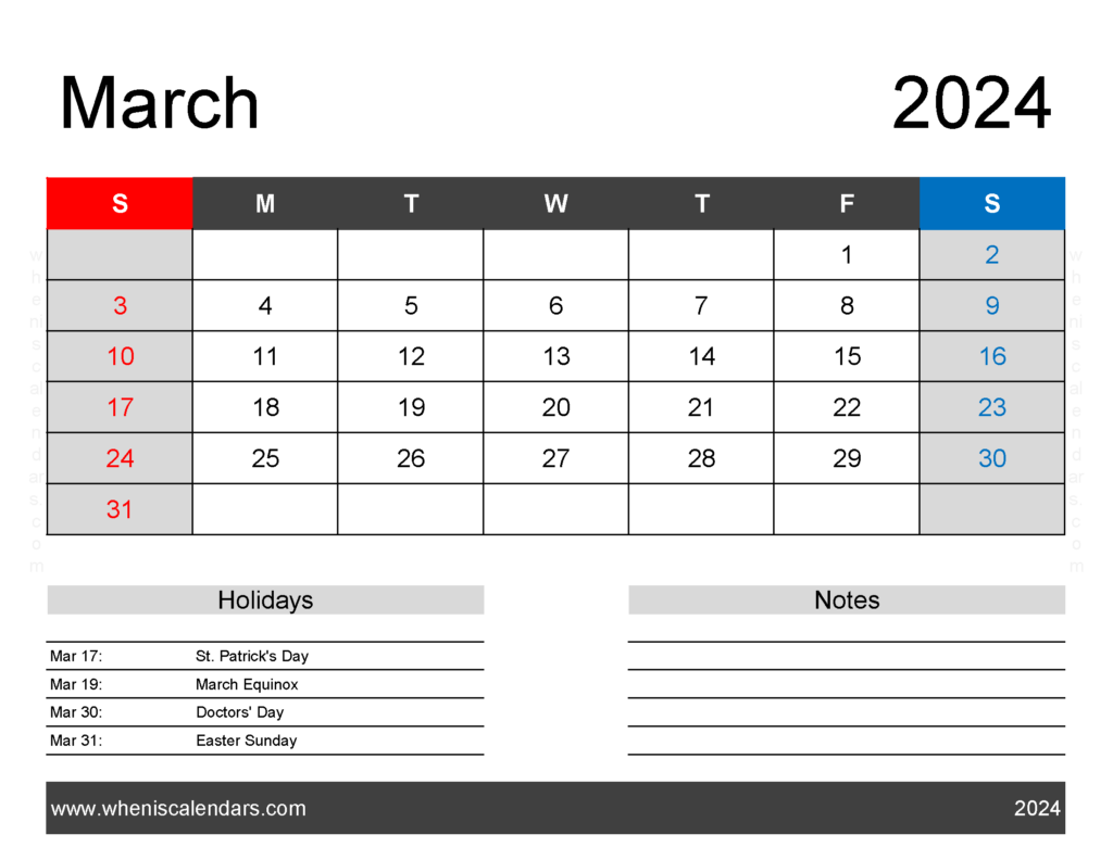 Download Blank Printable Calendar March 2024 Letter Horizontal 34162