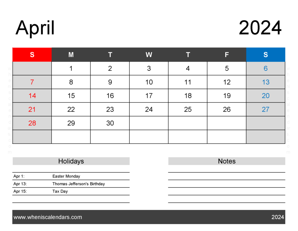Download Blank Printable Calendar April 2024 Letter Horizontal 44162
