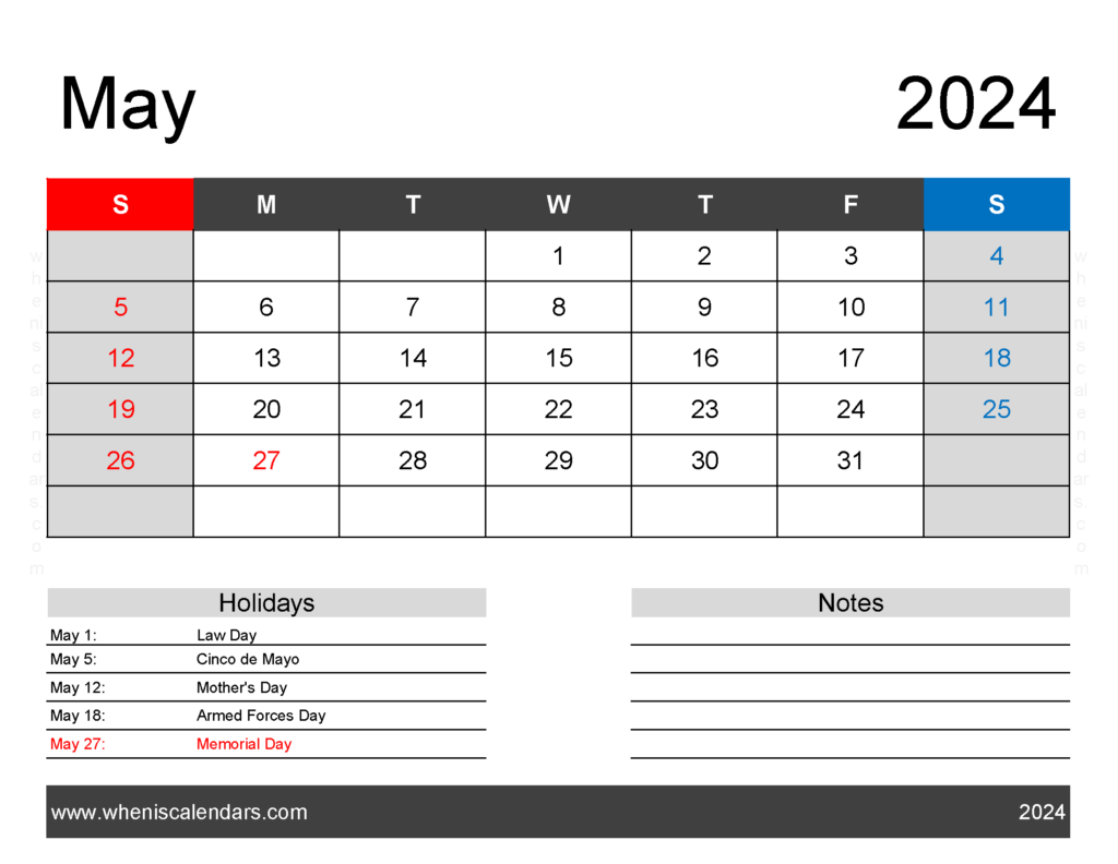 Download Blank Printable Calendar May 2024 Letter Horizontal 54162