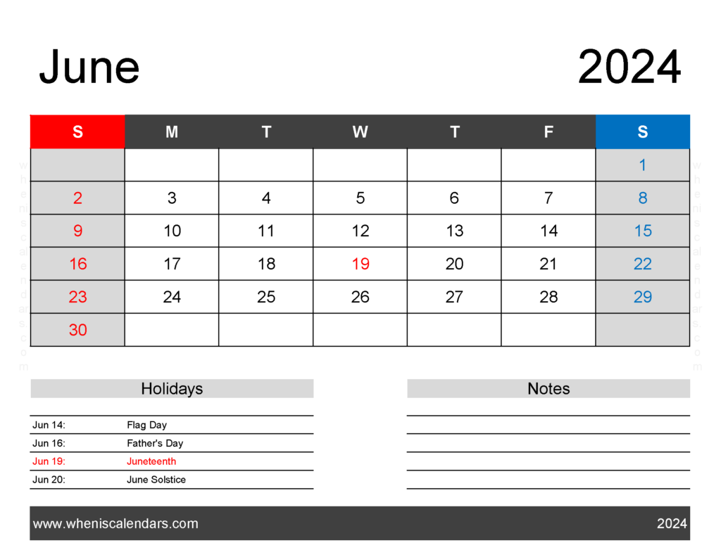 Download Blank Printable Calendar June 2024 Letter Horizontal 64162