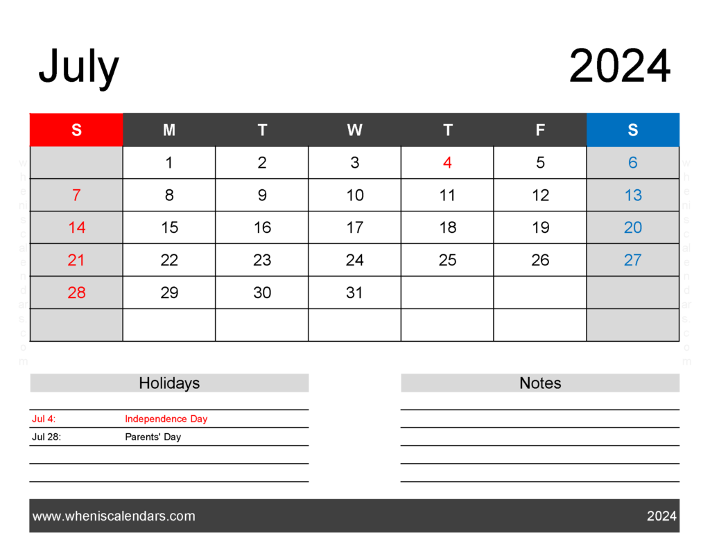 Download Blank Printable Calendar July 2024 Letter Horizontal 74162