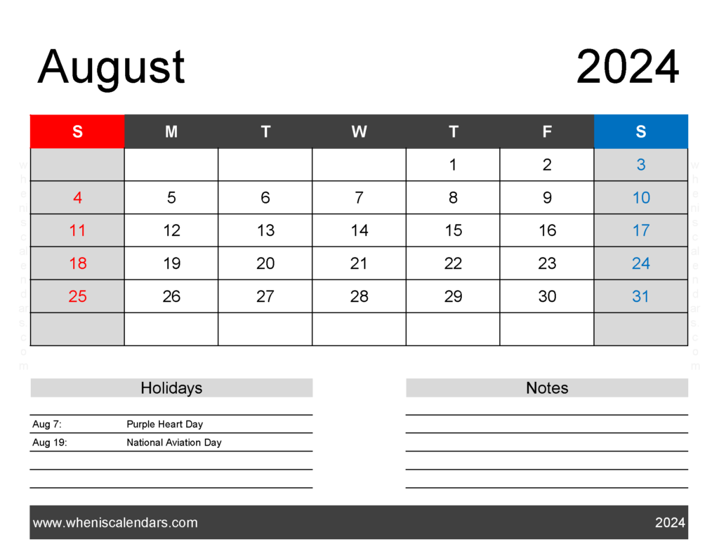 Download Blank Printable Calendar August 2024 Letter Horizontal 84162