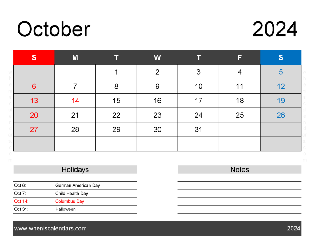 Download Blank Printable Calendar October 2024 Letter Horizontal 104162