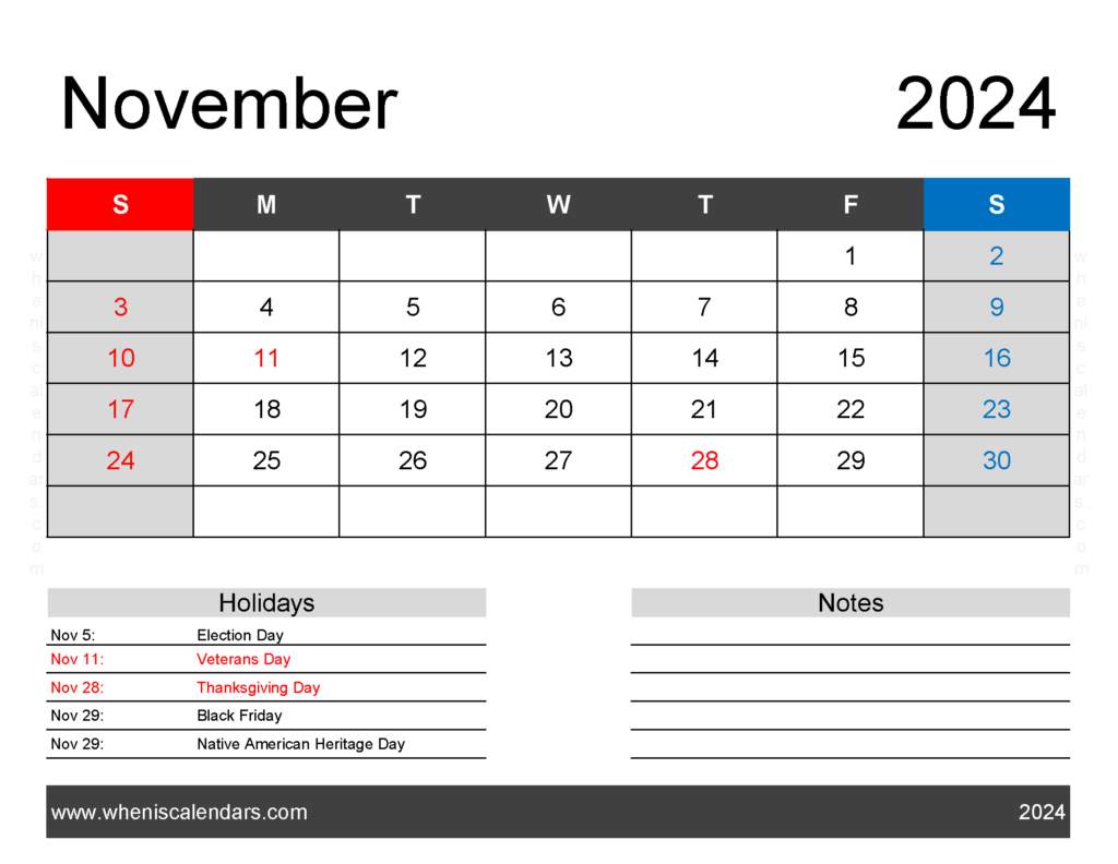 Download Blank Printable Calendar November 2024 Letter Horizontal 114162