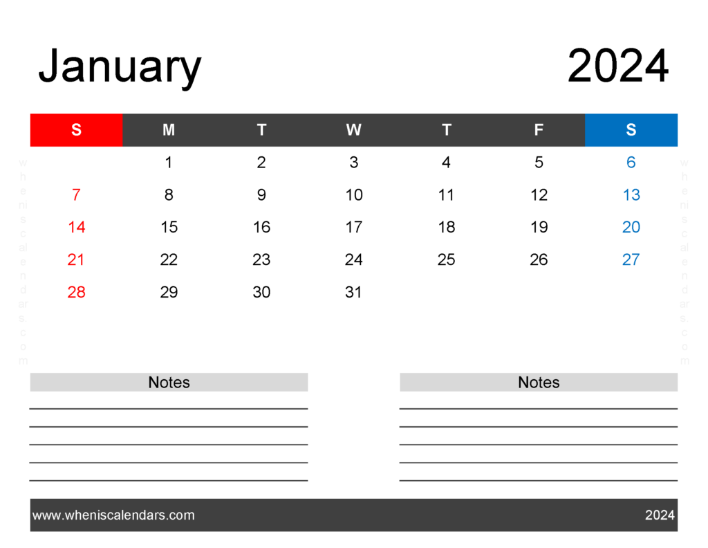 Download Printable monthly Calendar for January 2024 Letter Horizontal J4243