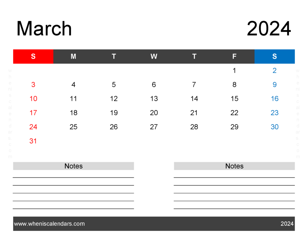 Download Printable monthly Calendar for March 2024 Letter Horizontal 34243