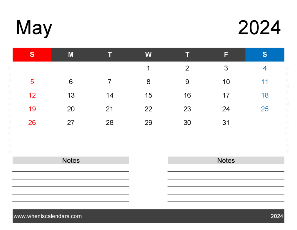 Download Printable monthly Calendar for May 2024 Letter Horizontal 54243