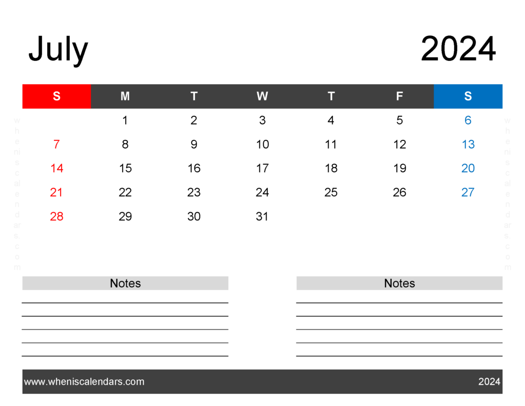 Download Printable monthly Calendar for July 2024 Letter Horizontal 74243